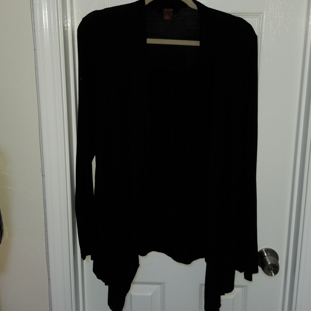 Black knit asymmetric hem cover-up sweater